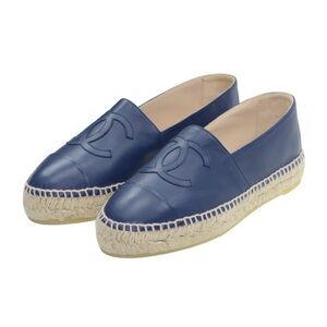 Chanel Navy Blue Leather Espadrilles Flats w/ CC Logo Sz FR 39 *Authenticated*